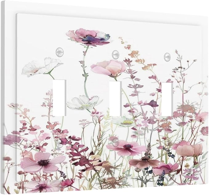 Floral Pink Watercolor Wildflowers Plant Flower Decorative Switch Plates 3 Gang Wall Plate Triple Toggle Light Switch Cover Faceplate Electrical Wall Panels for Bedroom Living Room Decor