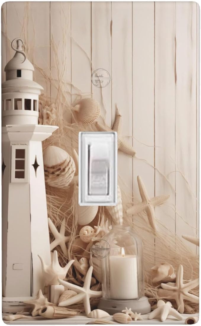 1-Gang Toggle Light Switch Plate, Neutral Coastal Lighthouse Seashell Printed Wall Plate, Beach Farmhouse Decor for Bathroom Beach House