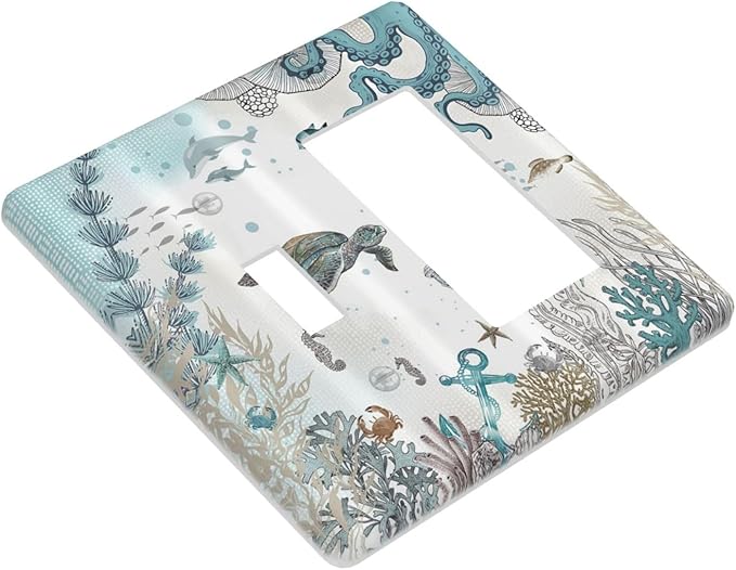 Decorative Outlet Covers Sea Turtle Octopus Ocean Underwater Animal 2 Gang 1 Gang Wall Plate Single Toggle Rocker Device Combination Light Switch Cover Plate Jumbo Electrical Faceplate Plug