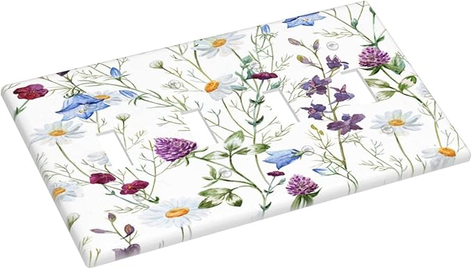 Floral Boho Multicolor Flower Plant Leaves Light Switch Covers Quad Toggle Electrical Faceplate 4 Gang Wall Plate Decorative Switch Plates Cover for Bedroom Living Room Decor