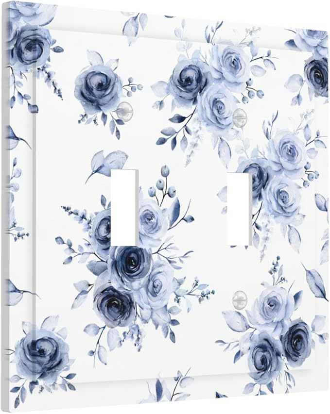 Watercolor Blue Roses Double Toggle Switch Cover - 2-Gang Standard US Size Serene Floral Light Switch Covers, French Country Vintage Bouquet for Farmhouse Homes