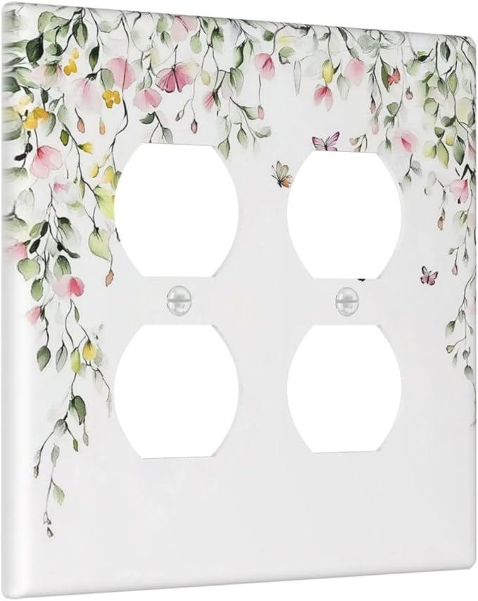 Watercolor Flowers Vine Colorful Butterfly Floral Outlet Covers 2 Gang Double Duplex Decorative Light Switch Covers Electrical Wallplates Socket Faceplate For Bed Room Living Room Decor