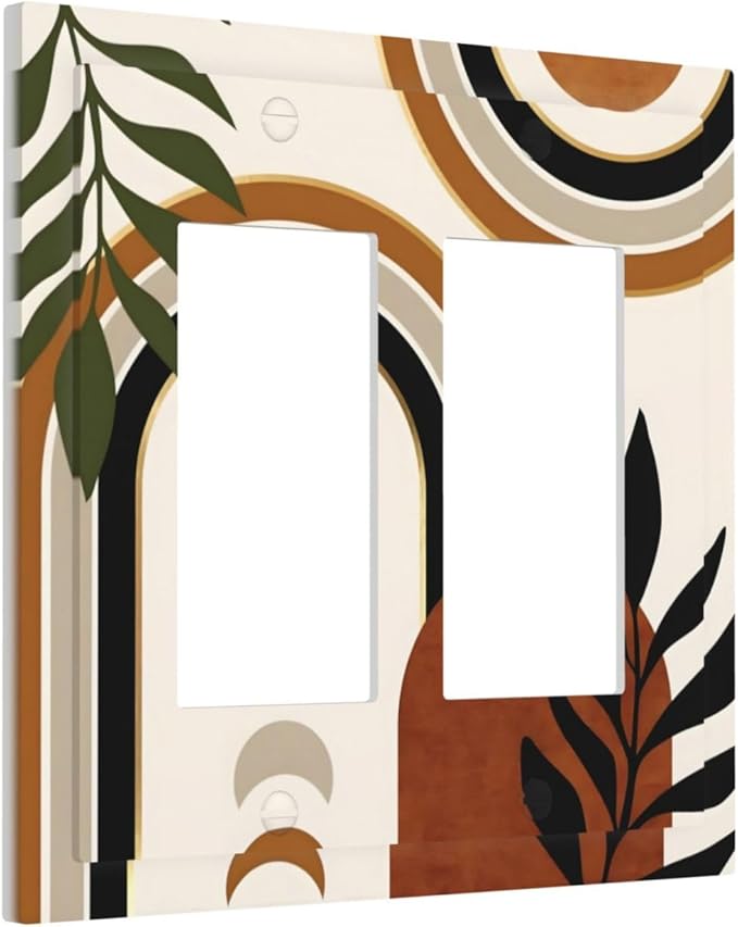 Boho Mid Century Arch Plant Leaves Sun Moon Decorative Outlet Covers 2 Gang Double GFCI Rocker Electrical Wall Panels Light Switch Cover Plate for Bedroom Living Room Decor