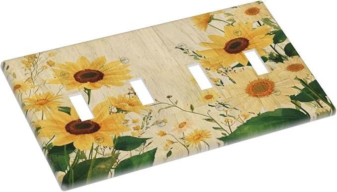 Decorative Switch Plate Cover with Vintage Botanical Sunflower Field Design 4 Gang Artistic Wall Plate Unique Quad Toggle Light Switch Covers for Nature Yellow Blooms Wall Decor