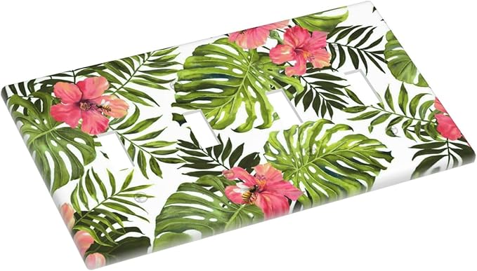 Tropical Plant Green Palm Quad Toggle Wall Plate Covers Decorative 4-Gang Wall Plates Banana Leaves Pink Flower Rainfores Jungle Botanical Electrical Switchplate for Bathroom Bedroom Kitchen Decor