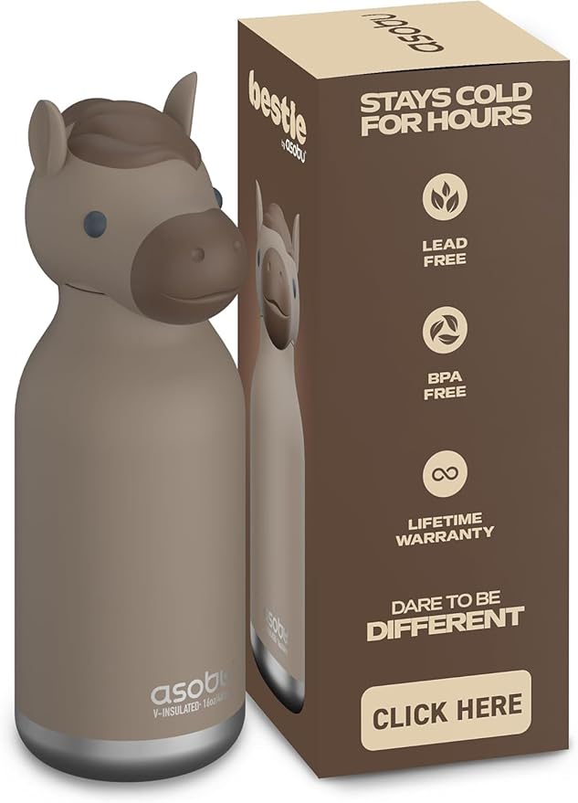 asobu Bestie Bottle Insulated Stainless Steel Water Bottle with Detachable Soft Animal Head Fun Drinking For Kids and Teens with Flexible Reusable Straw 16 Ounce (Horse)