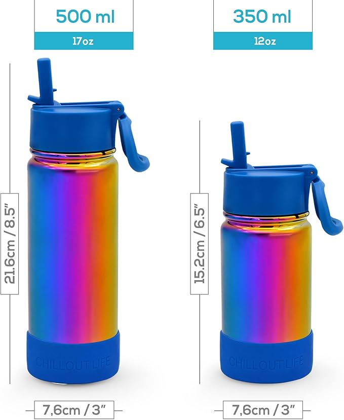 CHILLOUT LIFE 17 oz Kids Insulated Water Bottle for School with Straw Lid Leakproof and Cute Waterproof Stickers, Personalized Stainless Steel Thermos Flask Metal Water Bottle, Dishwasher Safe Color