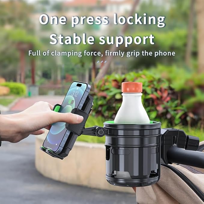 3-in-1 Stroller Cup Phone Holder Attachment, Universal Cup Holder with Adjustable Phone Mount, Double Cup Holder for Walker, Wheelchair, Fits Most Donna, Uppababy, Bugaboo, Anti-Slip & Easy Install