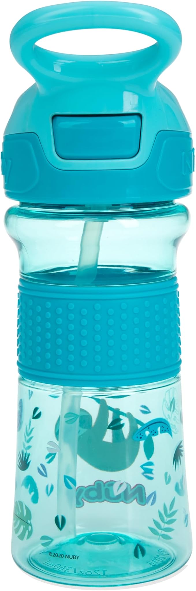 Nuby Thirsty Kids Push Button Flip-it Soft Spout on The Go Water Bottle with Easy Grip Band, 12oz, Sloth