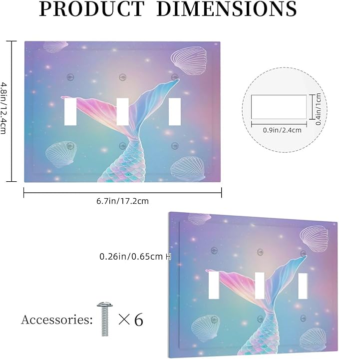 Cute Mermaid Pink Tail Scales Shells Colorful Ocean Decorative Switch Plates 3 Gang Wall Plate Triple Toggle Light Switch Cover Faceplate Electrical Wall Panels for Kids Room Nursery Decor