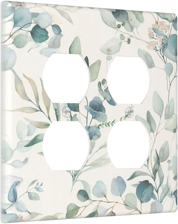 Boho Green White Eucalyptus Leaf Floral Outlet Covers 2 Gang Double Duplex Decorative Light Switch Covers Electrical Wallplates Socket Faceplate for Farmhouse Living Room Decor