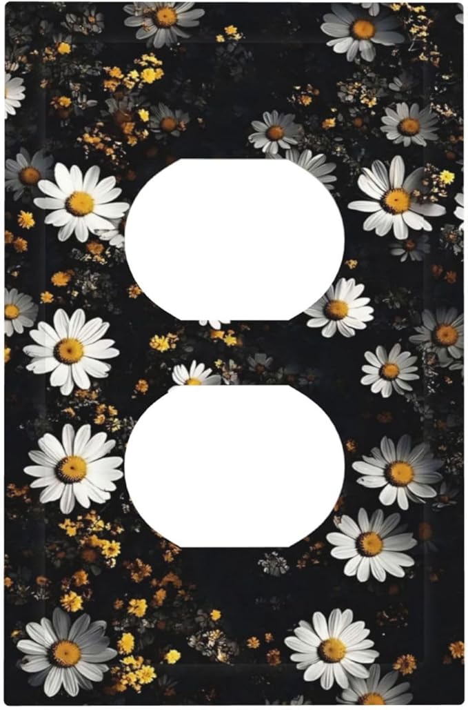White Black Daisy Wildflower Modern Chrysanthemum Outlet Covers 1 Gang Duplex Light Switch Cover Decorative Switch Plates Electrical Receptacle Faceplate Wall Plate for Bedroom Farmhouse Decor