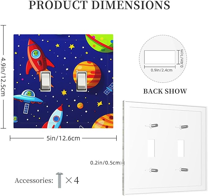 Planets, Rockets & Aliens Double Toggle Switch Cover - 2-Gang Standard US Size Astronaut Cosmic Adventure Light Switch Covers for Boy's Bedroom Decor