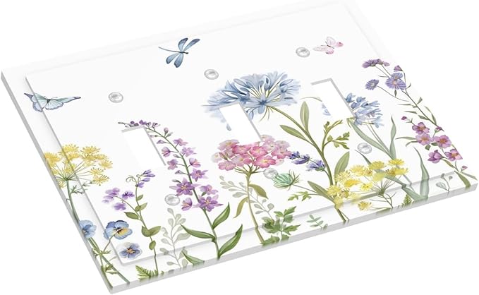 Colorful Wildflowers Dragonfly Lavender Butterfly Insect Decorative Switch Plates 3 Gang Wall Plate Triple Toggle Light Switch Cover Faceplate Electrical Wall Panels for Bedroom Living Room Decor
