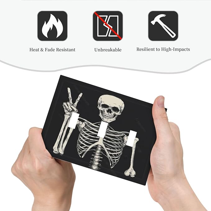 Decorative Switch Plates Skeleton Skull Boho Hippie Dark Background 3 Gang Wall Plate Triple Toggle Light Switch Cover Faceplate Electrical Wall Panels For Cabin Office Decor
