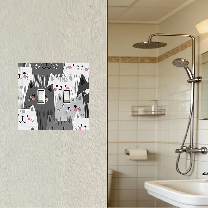 Playful Monochrome Cats with Blush Cheeks Double Toggle Switch Cover - 2-Gang Standard US Size Funny Cat Light Switch Covers for Boys & Girls Bedroom Decor