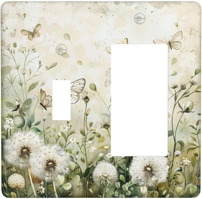 Light Switch Cover Plate Watercolor Butterflies Dandelions Wildflowers 2 Gang Combo Wall Plates Toggle Rocker Decorative Switch Plates and Outlet Covers for Bathroom Bedroom Decor