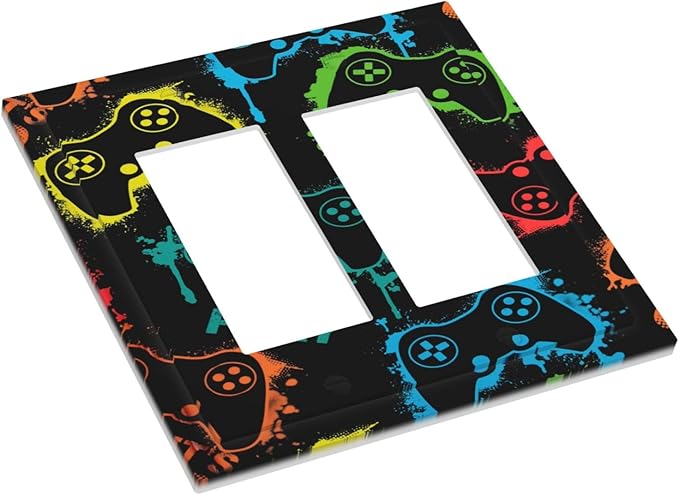 Gaming Hippie Gamer Modern Gamepad Colorful Graffiti Decorative Outlet Covers 2 Gang Double GFCI Rocker Electrical Wall Panels Light Switch Cover Plate for Kids Room Nursery Decor