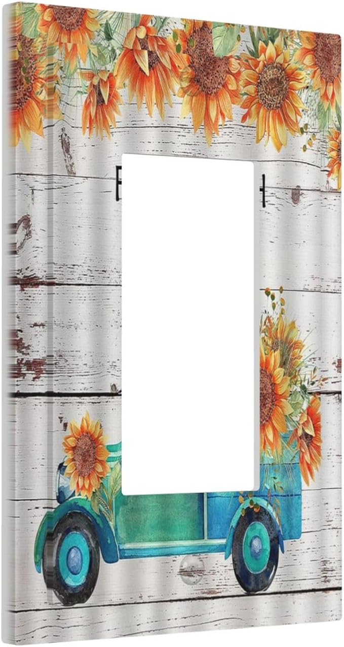 Decorative Outlet Covers Teal Farm Truck Pulling Sunflowers 1 Gang Single Decora GFCI Device Light Switch Cover Plate 1 Rocker Wall Plate Jumbo Switch Plate Cover for Farmhouse Bathroom Decor