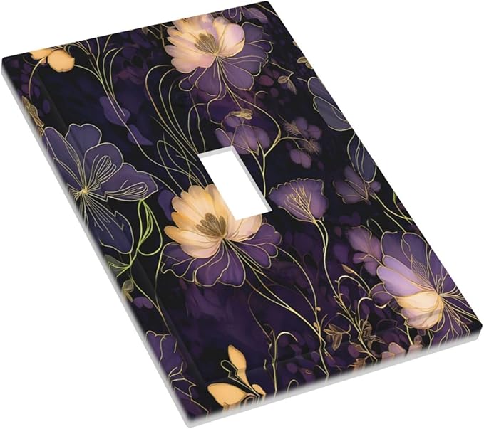 Modern Boho Vintage Gold Purple Dark Floral Modern Abstract Flowers Decorative Light Switch Cover 1 Gang Single Toggle Device Electrical Faceplate Switchplates Decorator Outlet Wall Plate for Bedroom