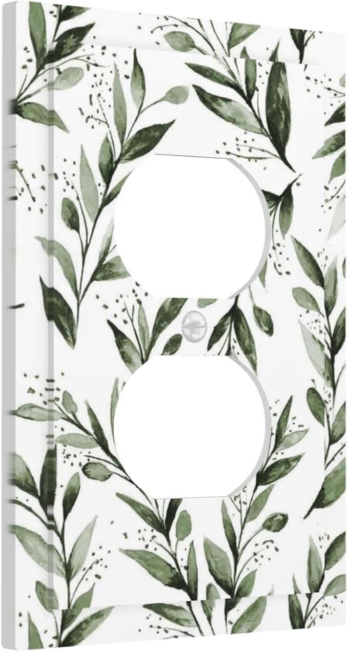 Green Leaf Olive Leaf Sage Floral Outlet Covers 1 Gang Duplex Light Switch Cover Decorative Switch Plates Electrical Receptacle Faceplate Wall Plate for Bedroom Living Room Decor