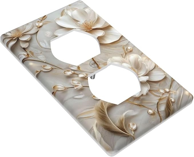 Decorative Art Light Switch Covers Elegant White and Gold Florals 1 Gang Single Duplex Outlet Wall Plate Switchplate Electrical Faceplate for Home Decor