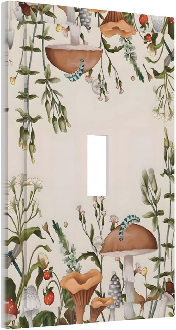 Boho Mushroom Forest Plants Wildflowers Insects Decorative Light Switch Cover 1 Gang Single Toggle Device Electrical Faceplate Switchplates Decorator Outlet Wall Plate for Kids Room Home Decor