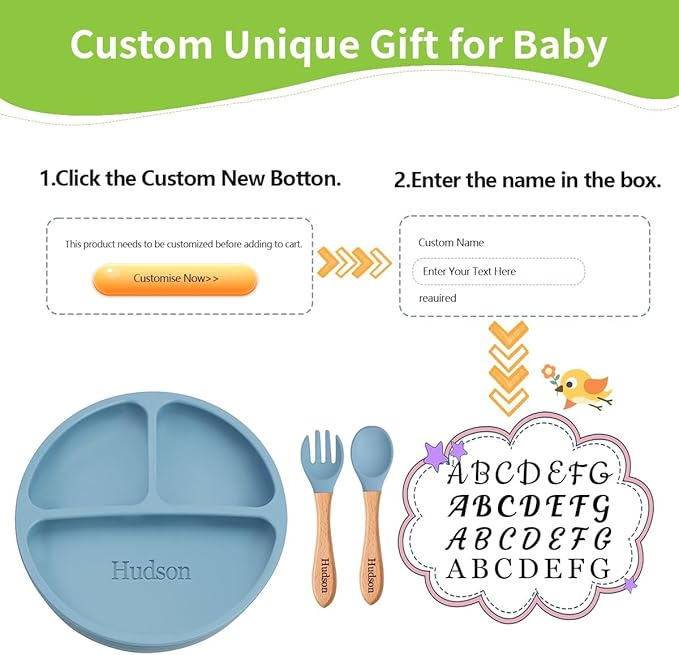 Personalized Silicone Suction Plates for Baby，Custom Toddlers Spoon and Fork, Baby Feeding Set with Name,Baby Birthday Gift for Boy & Girl (Purple)