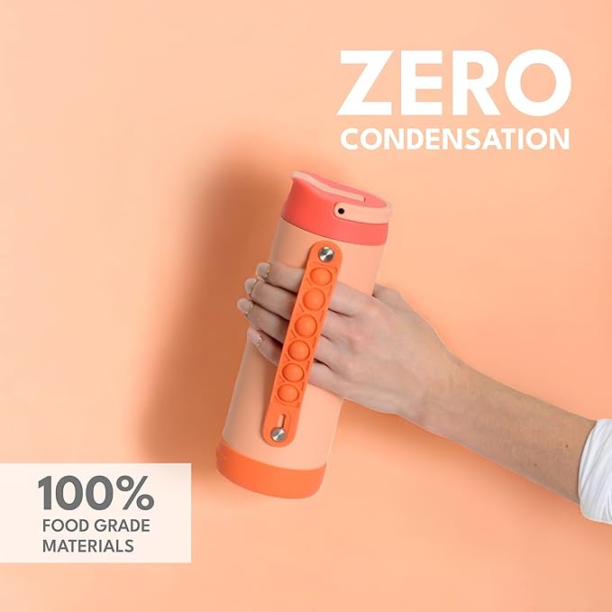 Elemental Iconic Kids Water Bottle for School - 100% Leak-Proof Insulated Water Bottles with Straw Lid & Pop-It Handle for Boys & Girls - Triple-Wall Insulated & BPA-Free, 14oz – Peach Sunrise