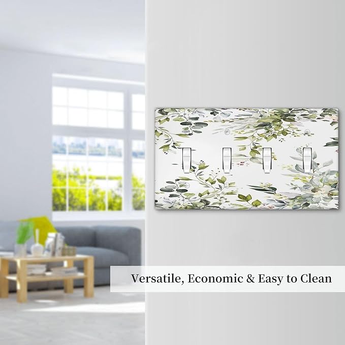 Eucalyptus Sage Green Leaf Plant Floral Light Switch Covers Quad Toggle Electrical Faceplate 4 Gang Wall Plate Decorative Switch Plates for Bedroom Living Room Decor