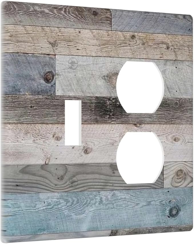 2-Gang 1-Toggle 1-Duplex Combination Wall Plate Vintage Rustic Western Kitchen Country Style Teal Blue Wooden Wood Plank Two Combo Double Device Toggle/Outlet Receptacle Light Switch Face Plate Cover