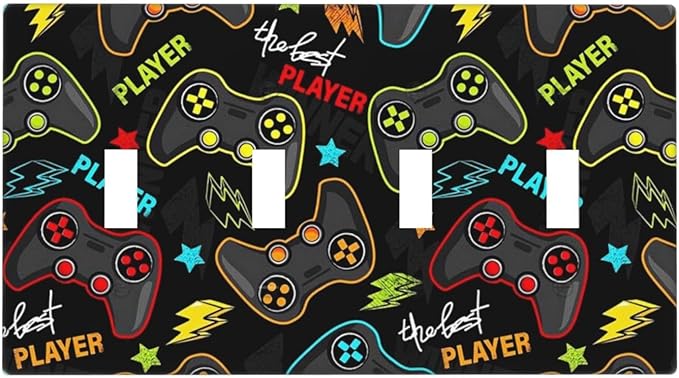 Kid Boys Gamer Gaming Game 4 Gang Device Light Switch Cover Decorative Quad Toggle Wall Plate Decorative Electrical Faceplate for Home Bedroom Art Decorate