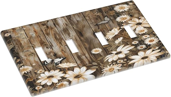 Light Switch Cover Plate Rustic Wood Butterflies Flowers Botanical 4 Gang Quad Toggle Decorative Switch Plates Electrical Wall Plates Faceplate for Farmhouse Cabin Decor