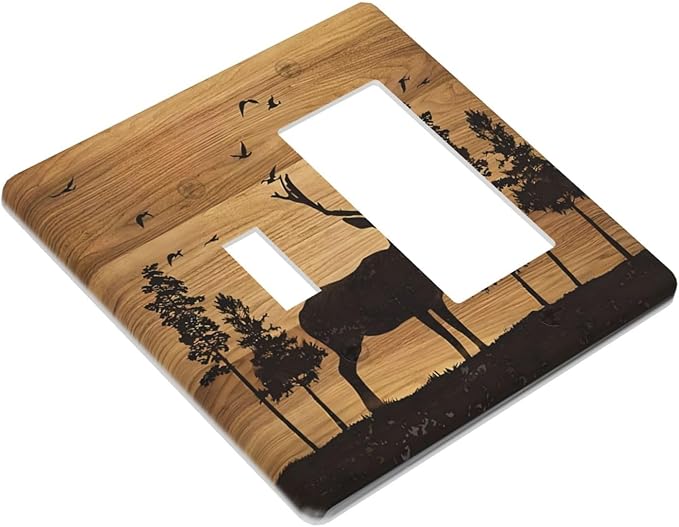 Elk Moose Forest Hunting Pyrography Art Wood Texture Print Outlet Covers 1 Toggle 1 Rocker Combination Decorative Wall Plate Electrical Switch Plates Light Switch Cover Plate for Farmhouse Bedroom