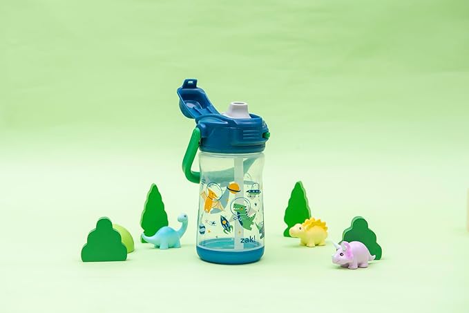 Zak Designs Beacon Kid Water Bottle for Travel or At Home, 12oz Plastic is Durable and Leak-Proof with Liquid Lock Spout, Cover, Carry Handle, Protective Base (Dinosaur)