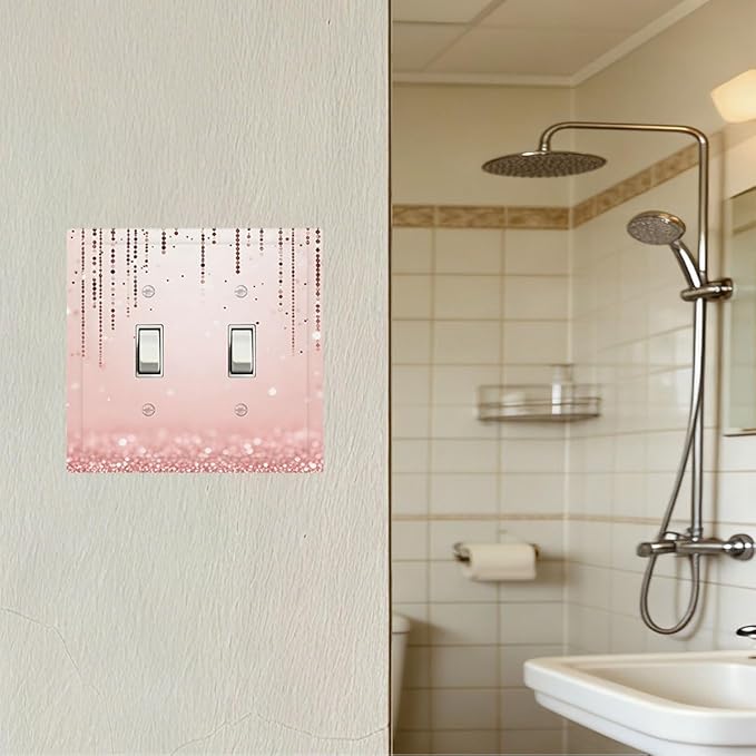 Rose Gold Pink 2-Gang Double Toggle Light Switch Plate, Draping Bead Printed Pattern Decorative Wall Plate, Modern Glam Home Decor