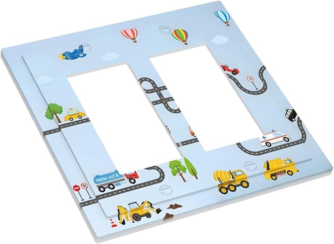 Road Construction Car Truck Hot Air Balloon Decorative Outlet Covers 2 Gang Double GFCI Rocker Electrical Wall Panels Light Switch Cover Plate for Nursery Kids Room Decor