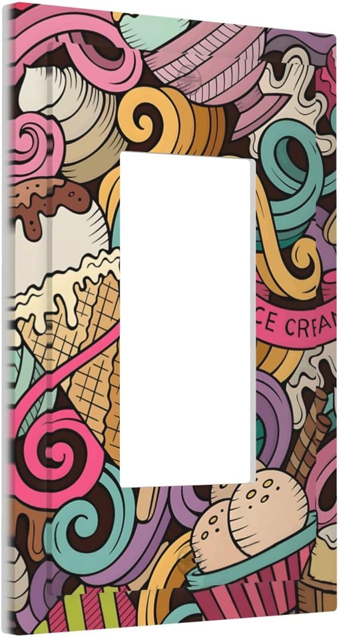 Cartoon Hand Drawn Ice Cream Doodles Colorful Print Decorative Outlet Covers 1 Gang Single Rocker Light Switch Cover Plate Wall Plates GFCI Faceplate for Kids Room Nursery Decor