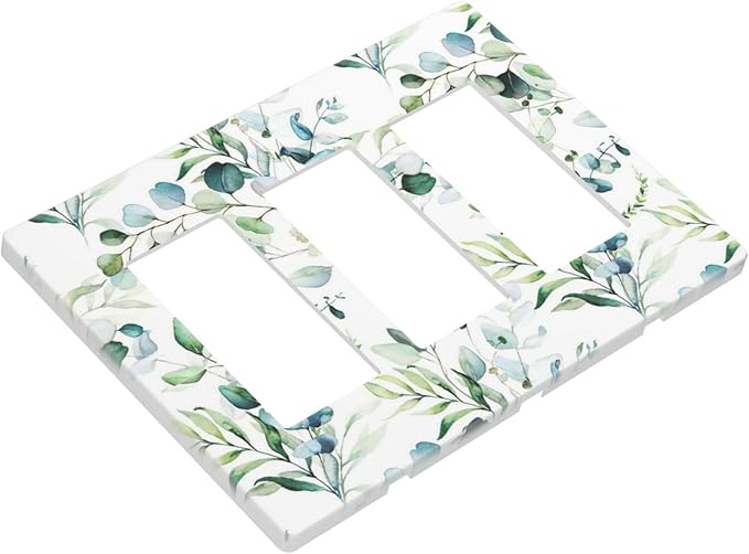 Decorative Eucalyptus Leaves Triple Decorator Light Switch Cover 3-Gang Screwless, Spring Summer Olive Green Sage Leaf Three Gang GFCI/Rocker Device Wallplate Electrical Faceplate Switchplate Dimmer