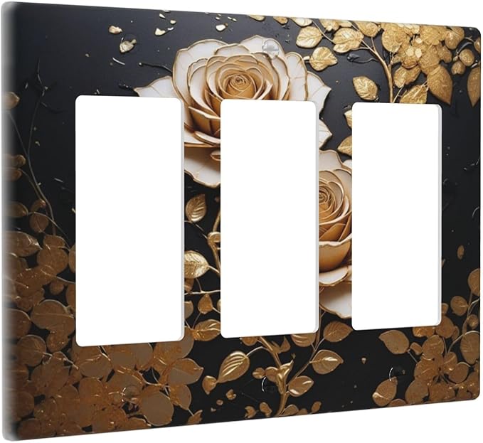 Decorative Outlet Covers Big Golden White Roses Glod Leaves Black Background 3 Gang Wall Plate Triple Rocker Switch Light Switch Plate Covers Jumbo Electrical GFCI Switch Cover Plate
