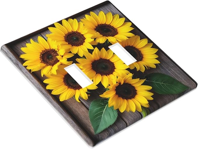 Sunflower Floral 2-Gang Double Toggle Switch Plate, Yellow Sunflower Faux Rustic Wood Wall Plate for Farmhouse, Bedroom, Kitchen & Sunroom