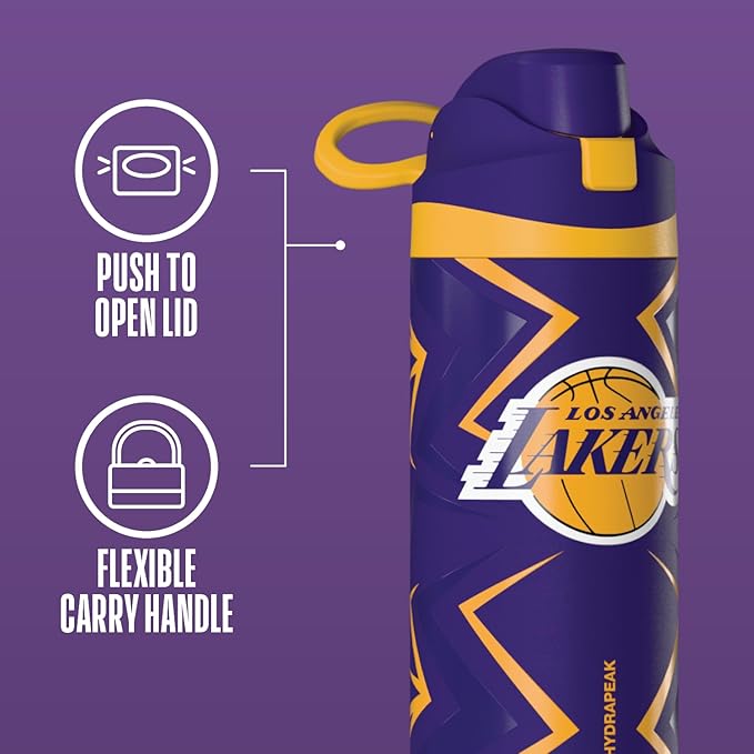Hydrapeak x NBA Officially Licensed Los Angeles Lakers Oasis 20 oz Insulated Kids Water Bottle, Stainless Steel Water Bottle Kids with Chug Lid, Push Button