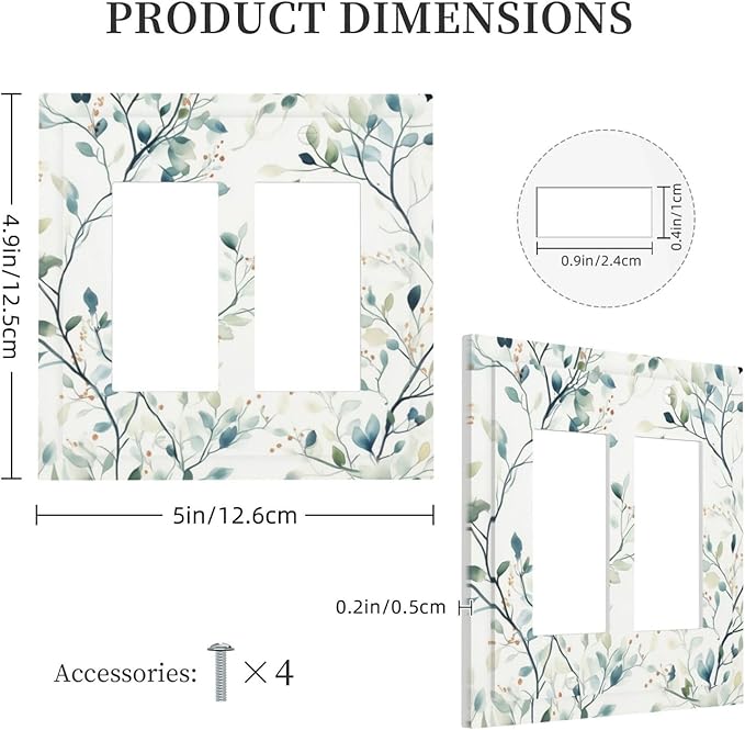Watercolor Floral Green Leaves Double Rocker Light Switch Cover Green Botanical Flowers 2 Gang Outlet Covers Switchplates Wall Plate Decorative for Bedroom Kitchen Living Room Decor