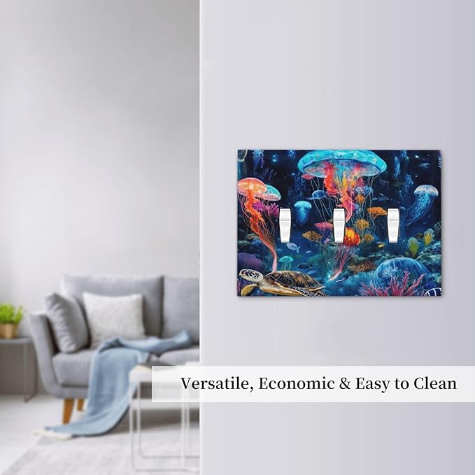Jellyfish Sea Turtle Fantasy Ocean Coral Underwater World Decorative Switch Plates 3 Gang Wall Plate Triple Toggle Light Switch Cover Faceplate Electrical Wall Panels for Nursery Kids Room Decor