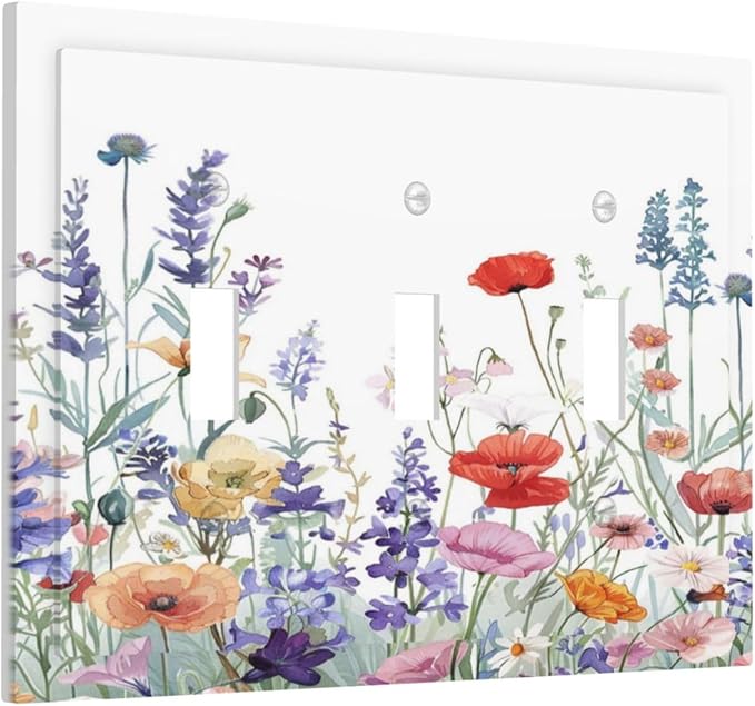 Colorful Floral Purple Lavender Flower Leaves Plants Decorative Switch Plates 3 Gang Wall Plate Triple Toggle Light Switch Cover Faceplate Electrical Wall Panels for Bed Room Living Room Decor