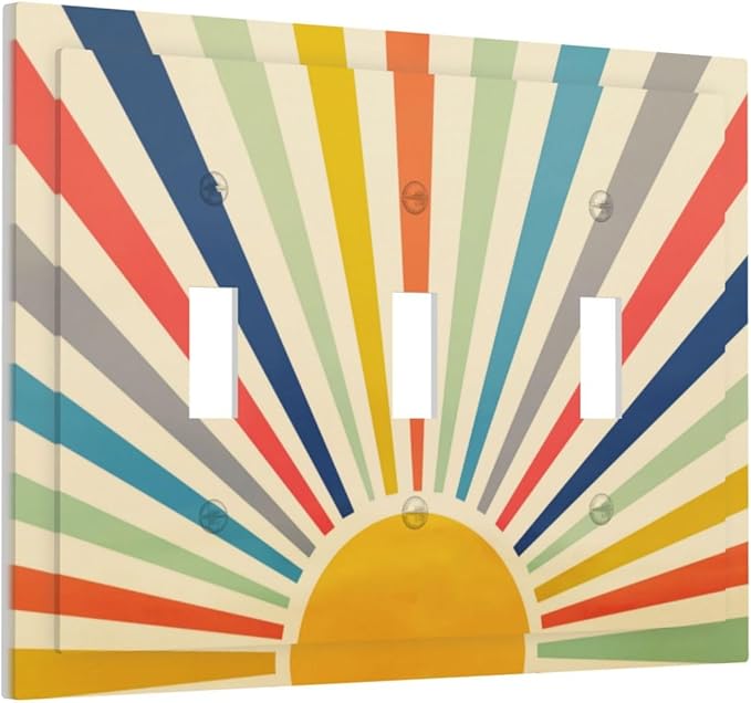 Yellow Orange Rainbow Mid Century 3 Gang Light Switch Cover Boho Sun 70s 60s Decorative Triple Toggle Outlet Wall Plate Cover Retro Vintage Retro Sunshine Sunrise Sunset Electrical Switch Face Plate