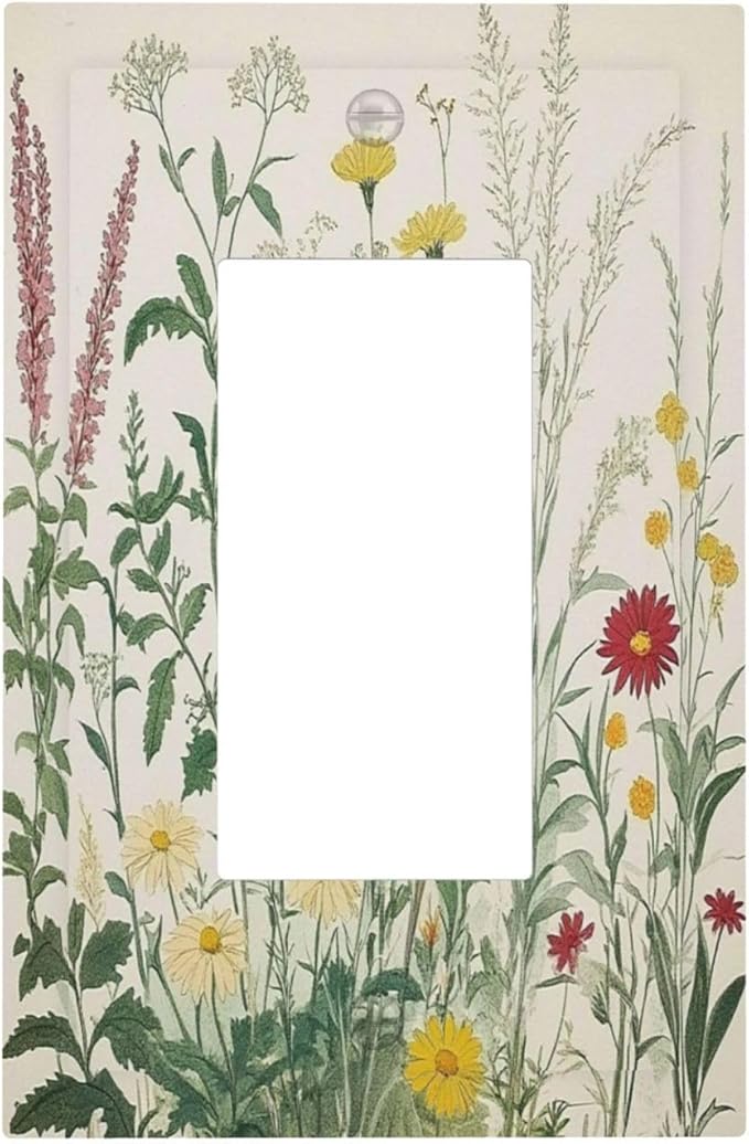 Rustic Wildflower Green Plants Daisy Floral Decorative Outlet Covers 1 Gang Single Rocker Light Switch Cover Plate Wall Plates Gfci Faceplate For Farmhouse Bed Room Decor