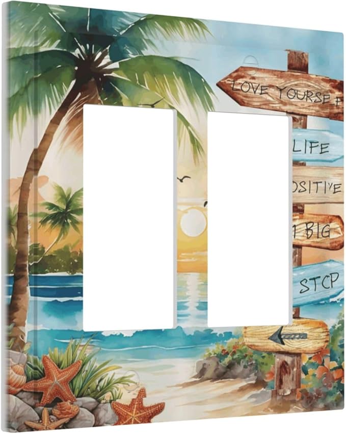 Tropical Beach Palm Tree Summer Coastal Ocean Sunset Decorative Outlet Covers 2 Gang Double GFCI Rocker Electrical Wall Panels Light Switch Cover Plate for Bedroom Living Room Decor