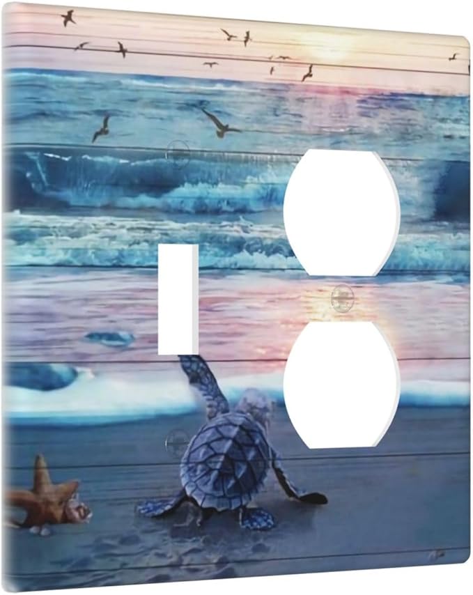 2-Gang 1-Toggle 1-Duplex Combination Wall Plate Nautical Ocean Teal Blue Beach Turtle Sea Life Coastal Starfish Sunset Two Combo Double Device Toggle/Outlet Receptacle Light Switch Face Plate Cover