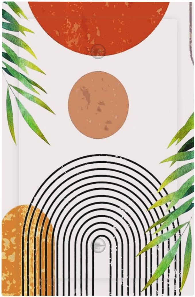 Orange Mid Century Bohemian Sun Decorative 1 Gang No Device Blank Wall Plate Modern Boho Abstract Arch Leaf Oversize Electric Unused Receptacle Decorator/Gfci Light Outlets/Switches Face Plate Cover